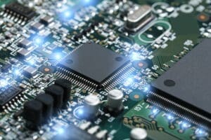 closeup electronic circuit board with cpu microchip electronic components background