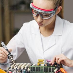 female technician with soldering iron electronics board